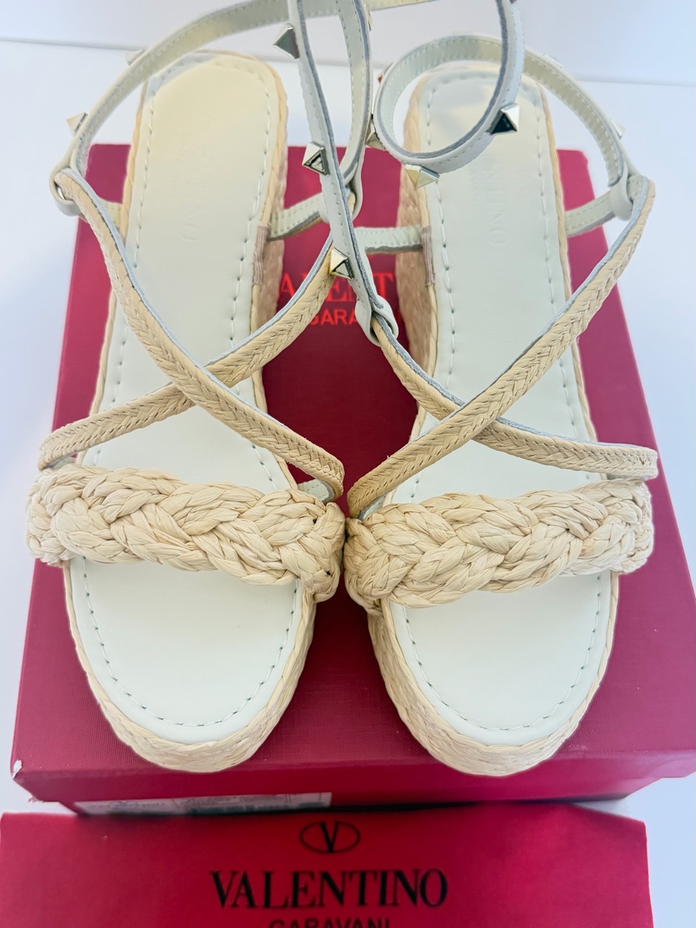 *Inspired Shoe*Cream Braided Espadrille Wedge Sandals with Ankle Straps